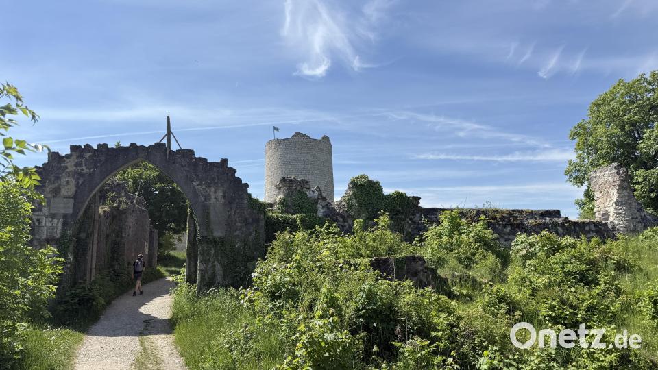 Durch den spitzzulaufenden Torbogen gelangen Wanderer ins Innere der Ruine. Dort befindet sich der etwas 20 Meter hohe Bergfried. Bild: Hohlheimer