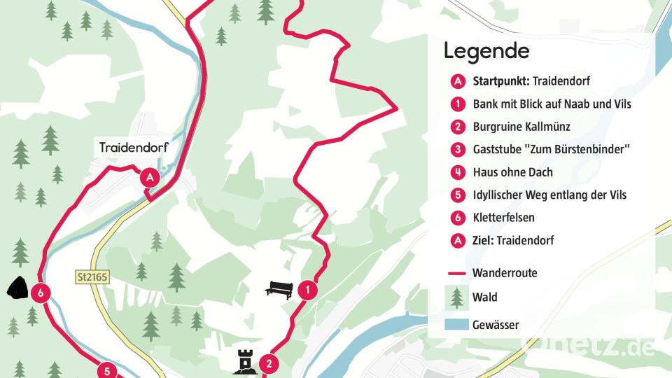 Die Karte zeigt die Wanderroute rund um Kallmünz. Grafik: Marina Gube