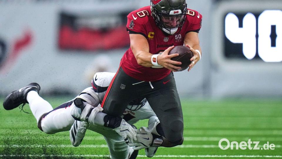 Bucs-Quarterback Baker Mayfield fühte sein Team zu einem späten Touchdown und dem zweiten SIeg im zweiten Spiel. Bild: Eric Gay/AP/dpa