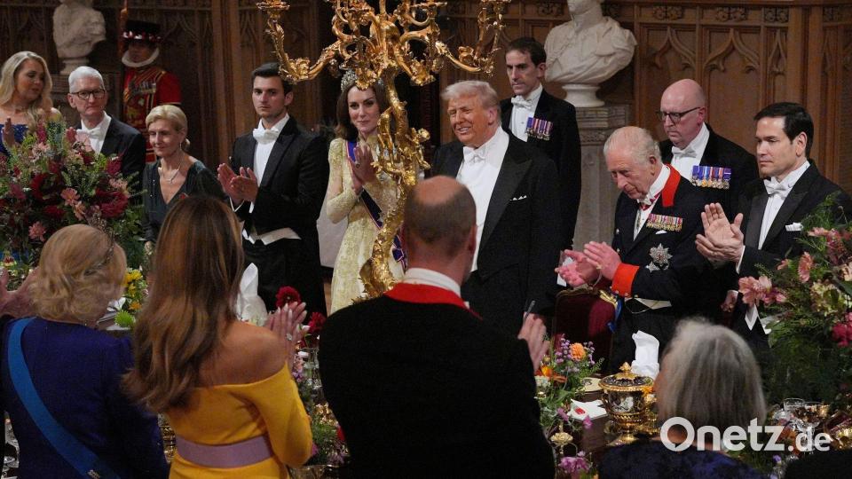 US-Präsident Donald Trump, der britische König Charles, Kate, Prinzessin von Wales, US-Außenminister Marco Rubio und Gäste nehmen am ersten Tag des zweiten Staatsbesuchs von US-Präsident Trump im Vereinigten Königreich am Staatsbankett in Schloss Windsor teil. Bild: Yui Mok/Pool PA/dpa
