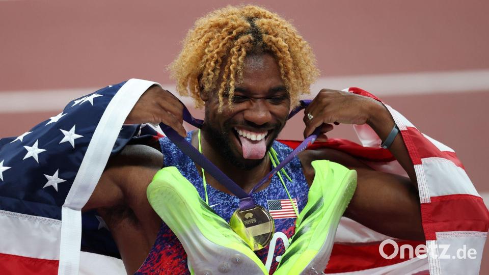 Noah Lyles aus den USA hat das Finale über 200 Meter bei der Leichtathletik-WM in Tokio gewonnen und damit seinen vierten WM-Titel in Serie auf dieser Strecke gefeiert. Bild: Oliver Weiken/dpa