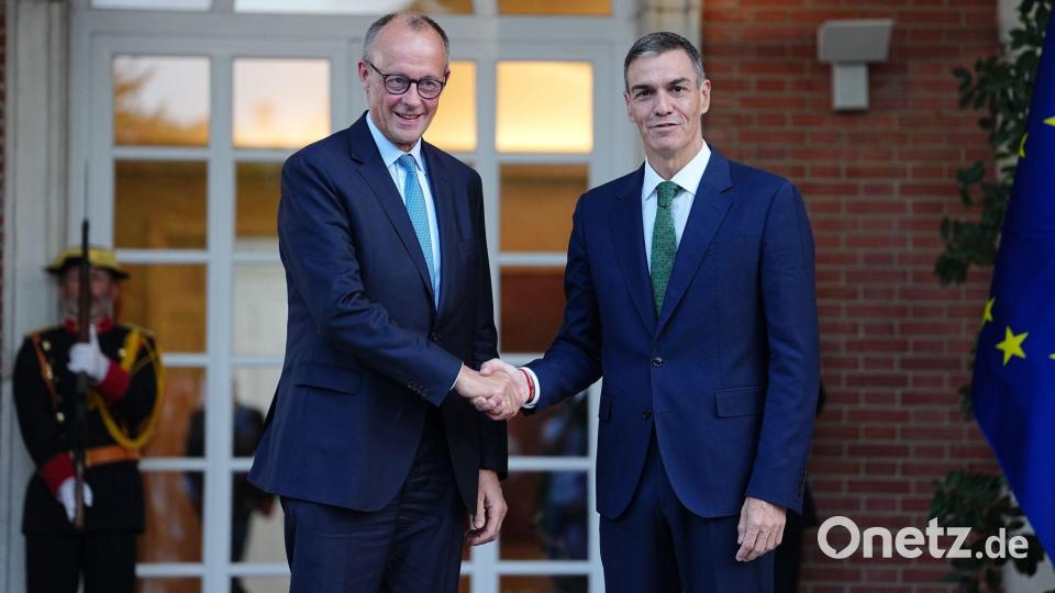 Madrid: Bundeskanzler Friedrich Merz wird von Spaniens Ministerpräsident Pedro Sanchez empfangen. Bild: Kay Nietfeld/dpa