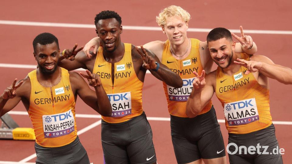 Steht im Finale: die deutsche 4x-100-Meter-Staffel mit Deniz Almas, Marvin Schulte, Owen Ansah und Lucas Ansah-Peprah (v. r.). Bild: Oliver Weiken/dpa