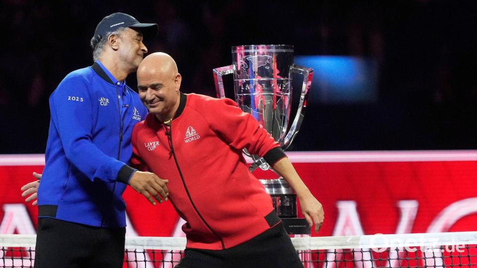 Die beiden Tennis-Legenden Yannick Noah (Team Europa) und Andre Agassi (Welt) sind die Kapitäne. Bild: Jeff Chiu/AP/dpa