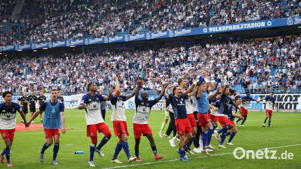 Durften endlich jubeln: die HSV-Spieler Bild: Christian Charisius/dpa