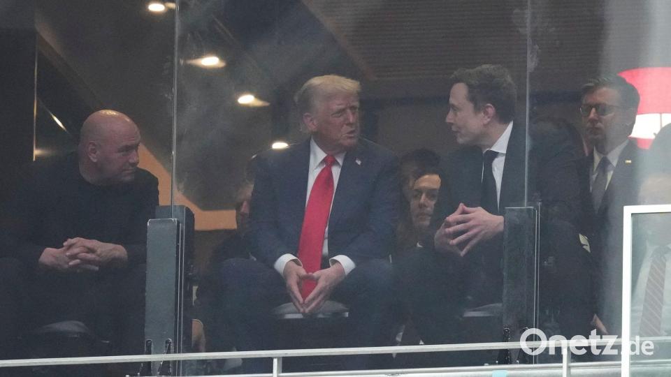 Im Gespräch: US-Präsident Trump unterhält sich mit Elon Musk während der Trauerfeier für Kirk. Bild: Ross D. Franklin/AP/dpa