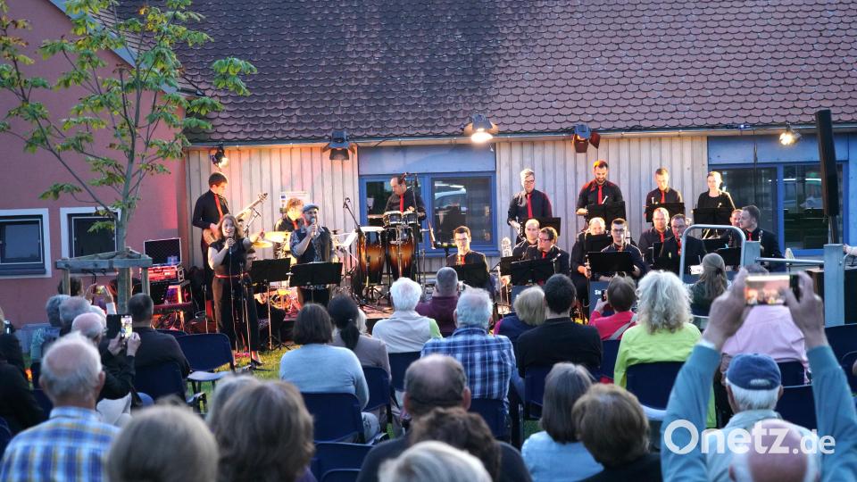 Die Swingaraiders Big-Band aus Forchheim mit der Sängerin Nathalie Bauer und den Waldthurner Johannes &quot;James&quot; Pflaum begeistern im Albersriether Generationengarten im Rahmen von &quot;Landkultur Waldthurn&quot; mit ihrem Jazzkultur-Programm. Bild: fvo