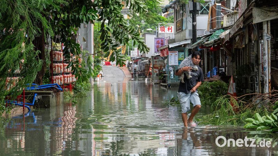 Ein Anwohner trägt in Hongkong ein Haustier durch das Hochwasser. Bild: Chan Long Hei/AP/dpa