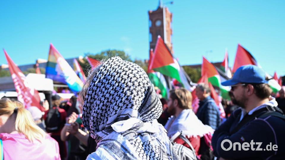 Es waren viele palästinensische Fahnen zu sehen. Bild: Annette Riedl/dpa