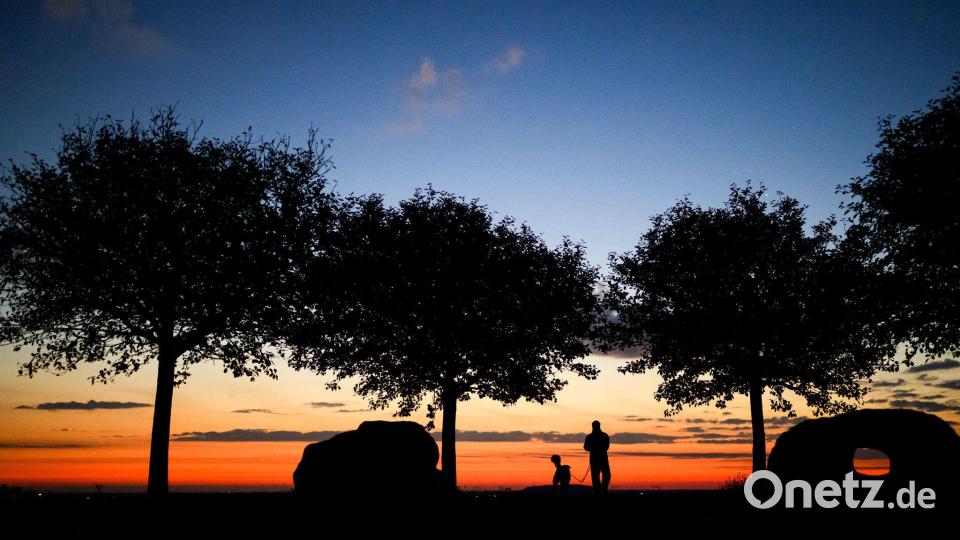 Ein Mann spaziert am frühen Morgen kurz vor Sonnenaufgang mit einem Hund über den Kronsberg. Bild: Julian Stratenschulte/dpa