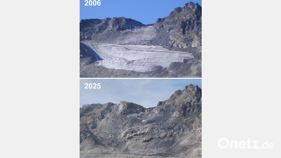 Der Pizolgletscher im Kanton St. Gallen ist zwischen 2006 und 2025 stark geschrumpft.(Kombo) Bild: Matthias Huss/Glamos Gletschermessnetz/Akademie der Naturwissenschaften Schweiz (SCNAT)/dpa