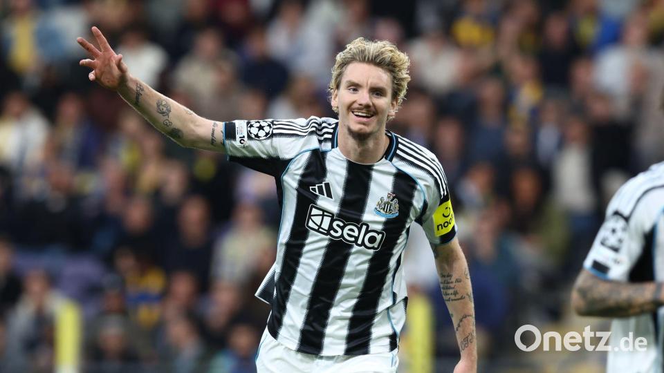 Nick Woltemade bejubelt sein erstes Tor in der Champions League. Bild: Bruno Fahy/Belga/dpa
