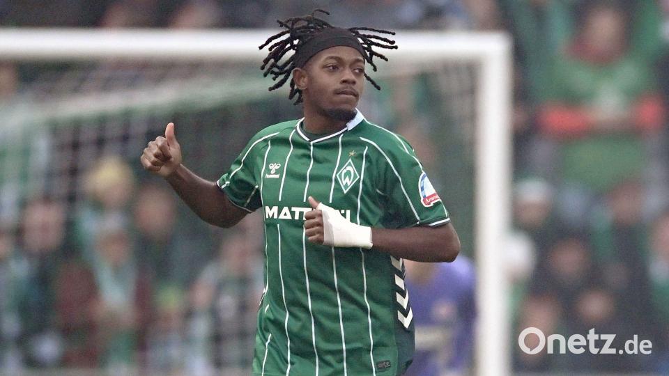 Samuel Mbangula brachte Werder gegen den FC St. Pauli früh in Führung, Bild: Carmen Jaspersen/dpa