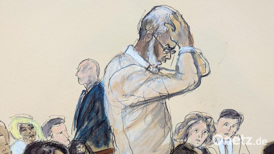 In dieser Skizze aus dem Gerichtssaal reagiert Sean „Diddy“ Combs, als er während seiner Strafmaßverkündung vor dem Bundesgericht in Manhattan eine Erklärung abgibt. Bild: Elizabeth Williams/AP/dpa