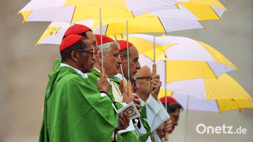 Unterm Schirm - Kardinäle feiern mit Papst Messe für Migranten und Missionare Bild: Alessandra Tarantino/AP/dpa