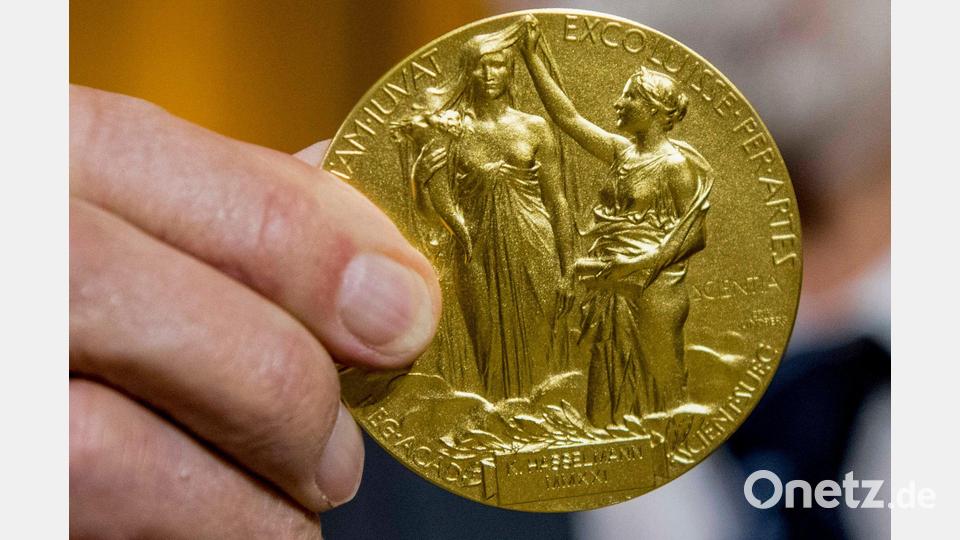 Die Rückseite der Nobel-Medaille für Physik stellt die Natur in Form einer Göttin dar, die ein Füllhorn hält. Der Schleier, der ihr Gesicht bedeckt, wird vom Genie der Wissenschaft hochgehalten. (Archivbild) Bild: Stefanie Loos/AP-Pool/dpa
