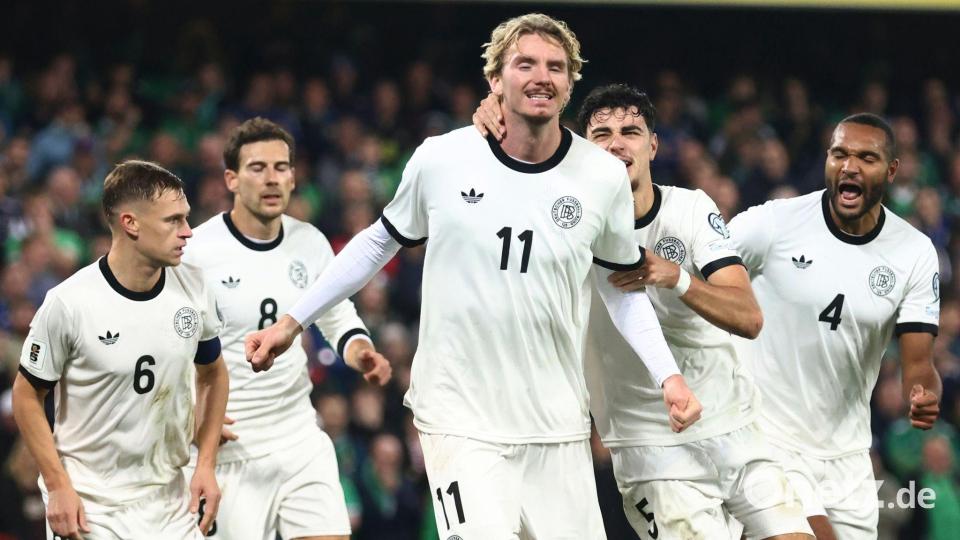 Mit der Schulter zu seinem ersten Länderspiel-Tor: Nick Woltemade. Bild: Peter Morrison/AP/dpa