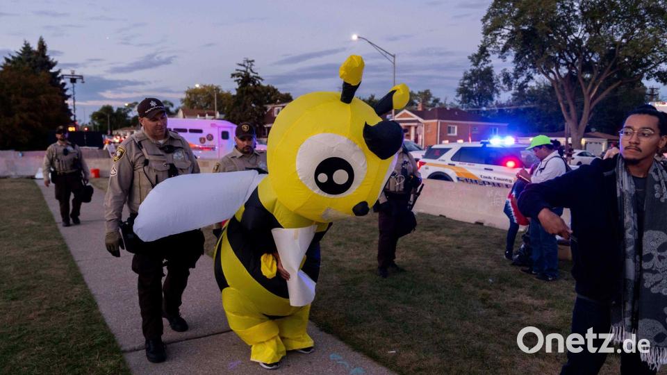 Cook County Sheriffs ziehen einen Demonstranten in einem Kostüm zurück, während sie eine Ausgangssperre vor der US-Einwanderungs- und Zollbehörde in Broadview, Illinois, durchsetzen. Bild: Adam Gray/FR172090 AP/AP/dpa