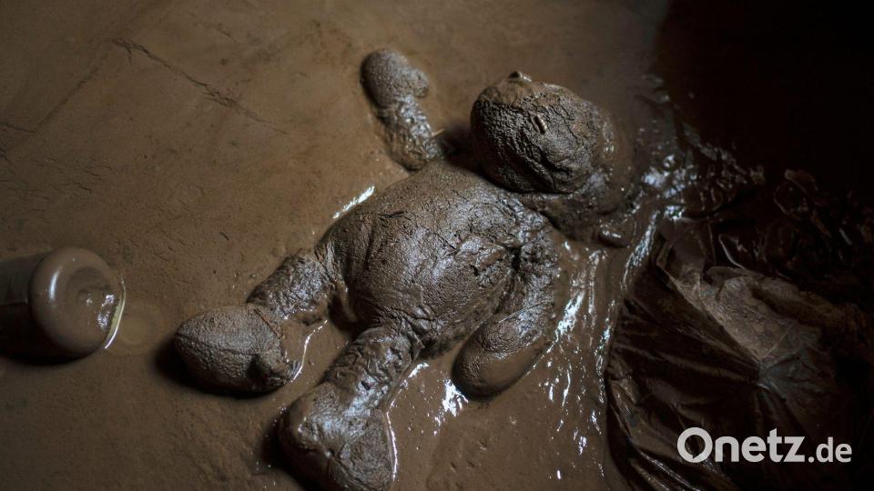 Ein Plüschtier liegt im Schlamm eines überschwemmten Hauses in Poza Rica, Mexiko. Bild: Felix Marquez/AP/dpa