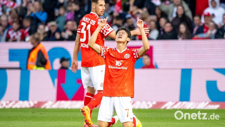Mainz darf gegen Leverkusen auch mal jubeln: Jae-Sung Lee trifft. Bild: Torsten Silz/dpa