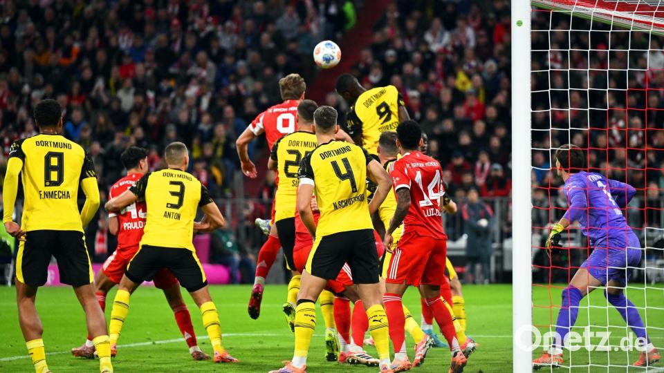 Harry Kane trifft für den FC Bayern per Kopf zum 1:0. Bild: Sven Hoppe/dpa