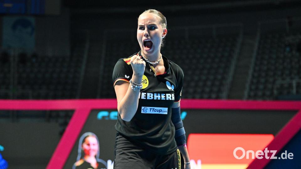 Annett Kaufmann jubelt bei der Tischtennis-EM. Mit zehn Titeln sind die deutschen Frauen Rekord-Europameisterinnen. Bild: Manfred Schillings/dpa