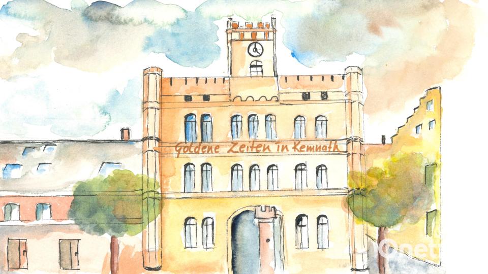 Die neuen Kemnather Sammeltassen mit den Gewinnermotiven des Malwettbewerbs: Mit dem Bild „Goldene Zeiten in Kemnath“ überzeuge Maria Wende die Jury. Bild: Nina Lang