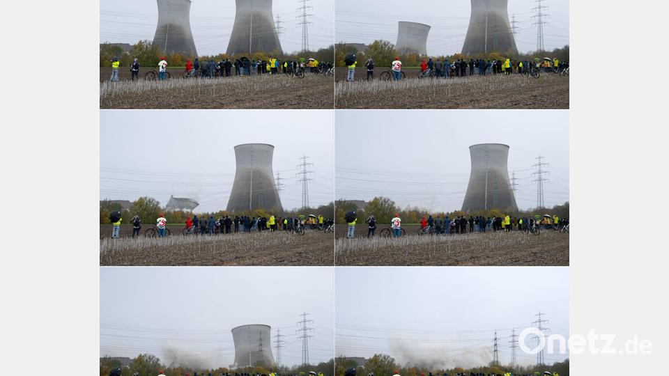 Bildkombo der Kühlturm-Sprengung in Gundremmingen. Bild: Sven Hoppe/dpa