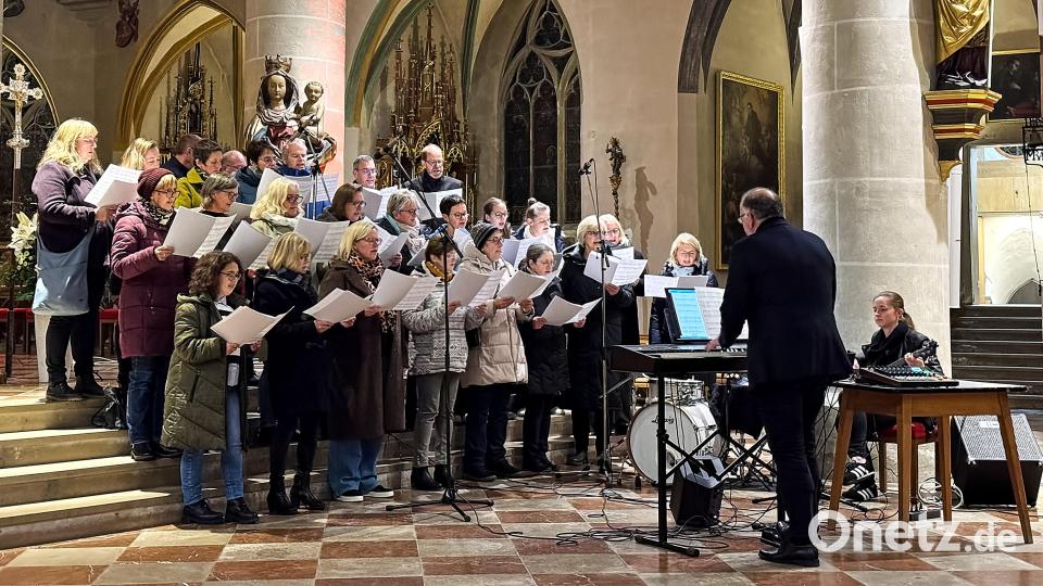 Die "Martinsgänse" unter der Leitung von Bernhard Müllers gestalteten mit Stadtpfarrer Thomas Helm einen "Evensong" (wörtlich: Abendlied), ein feierliches Abendlob aus der Tradition der Kirche von England - schwungvoll und eingängig. Bild: Peter Ringeisen