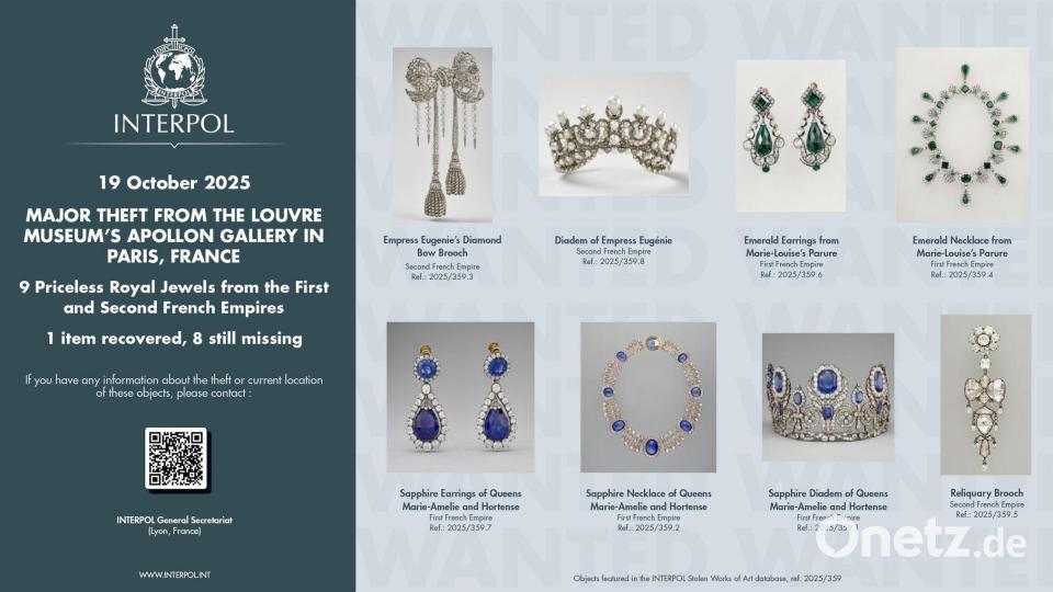 Das BKA und Interpol sind nach dem Einbruch in den Louvre in die Fahndung einbezogen (Handout-Foto). Bild: Uncredited/Interpol via AP/dpa