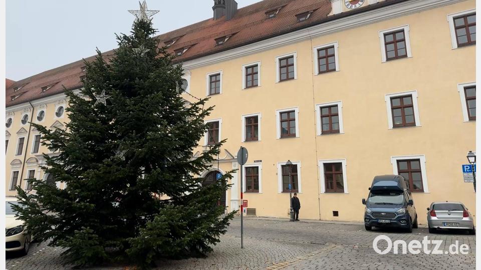 In diesem Jahr ein bisschen kleiner als gewohnt ist der Christbaum am Malteserplatz. Dafür ist es ein Exemplar des in deutschen Wohnzimmern beliebtesten Weihnachtsbaums, eine Nordmanntanne. Bild: Heike Unger