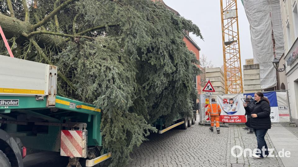 Das war ganz schön knapp: Eine Baustelle in der Bahnhofstraße hätte heuer beinahe den Weihnachtsbaum-Tarnsport zum Marktplatz ausgebremst. Bild: Heike Unger