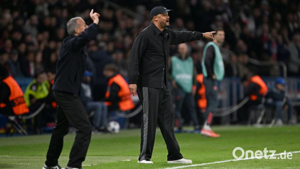 PSG-Coach Luis Enrique (l) und Bayern-Trainer Vincent Kompany in Aktion am Spielfeldrand. Bild: Federico Gambarini/dpa