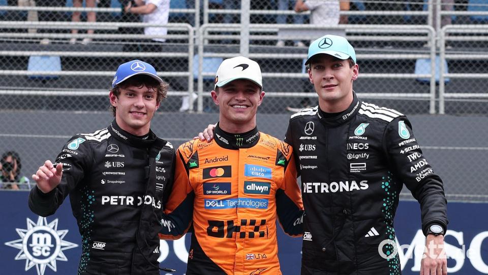 Lando Norris (M) gewann den Sprint vor Kimi Antonelli (l) und George Russell. Bild: Ettore Chiereguini/AP/dpa