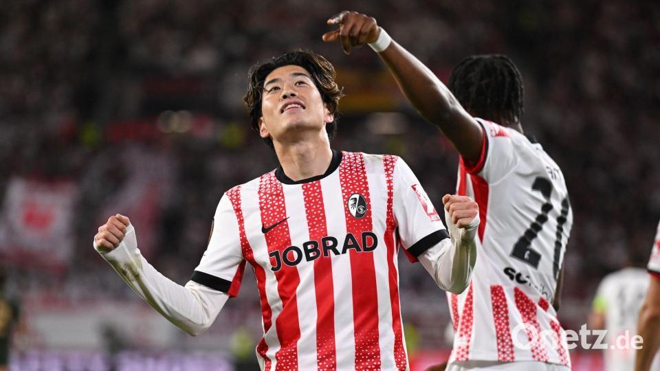 Yuito Suzuki war nach einer Ecke für Freiburg erfolgreich. Bild: Harry Langer/dpa