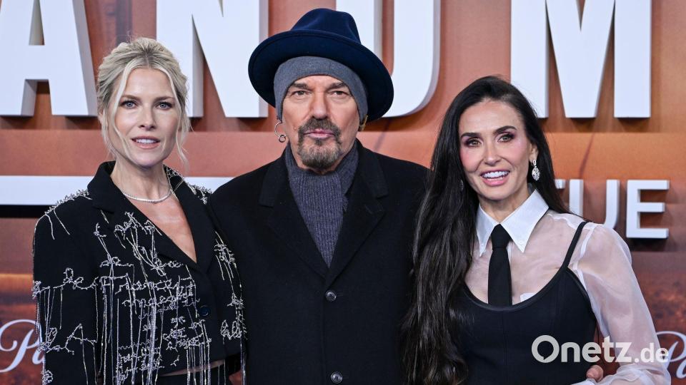 Stellten die neue Staffel der Serie „Landman“ in Berlin vor: Ali Larter (v.l.), Billy Bob Thornton und Demi Moore. Bild: Jens Kalaene/dpa