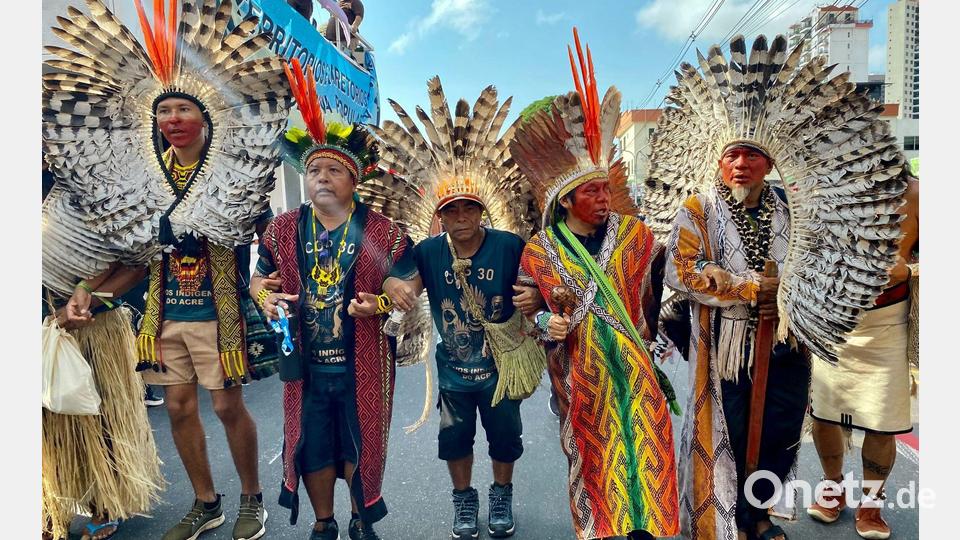 Tausende Indigene und internationale Klimaschützer zogen durchs Zentrum der Millionenstadt Belém. Bild: Torsten Holtz/dpa