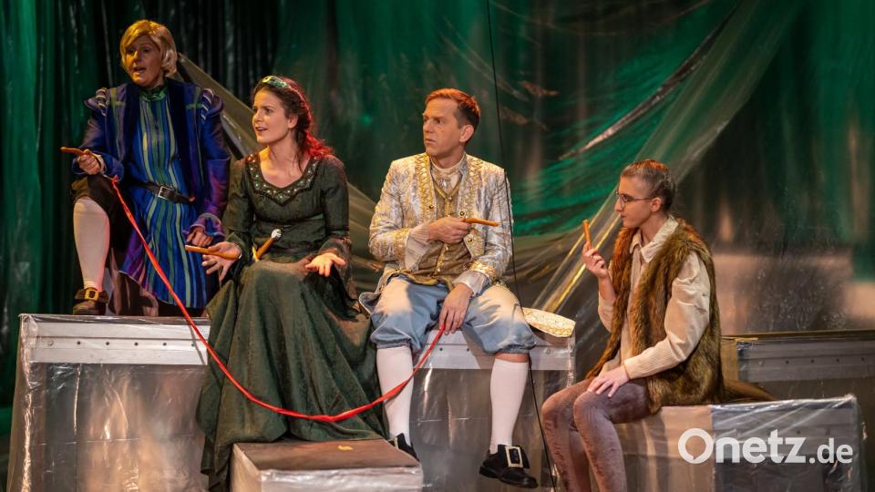 Prinzessin Lanzelotte (Laura Hopperdiezel, Zweite von links) erzählt Prinz Philippe (Silke Schicker, links), Prinz Leander (Herbert Schicker Zweiter von rechts) und dem verwandelten Pferd Oskar (Lea Plonner, rechts), warum sie den Prinzessinnen bei der Befreiung hilft. Bild: Tanja Schedl