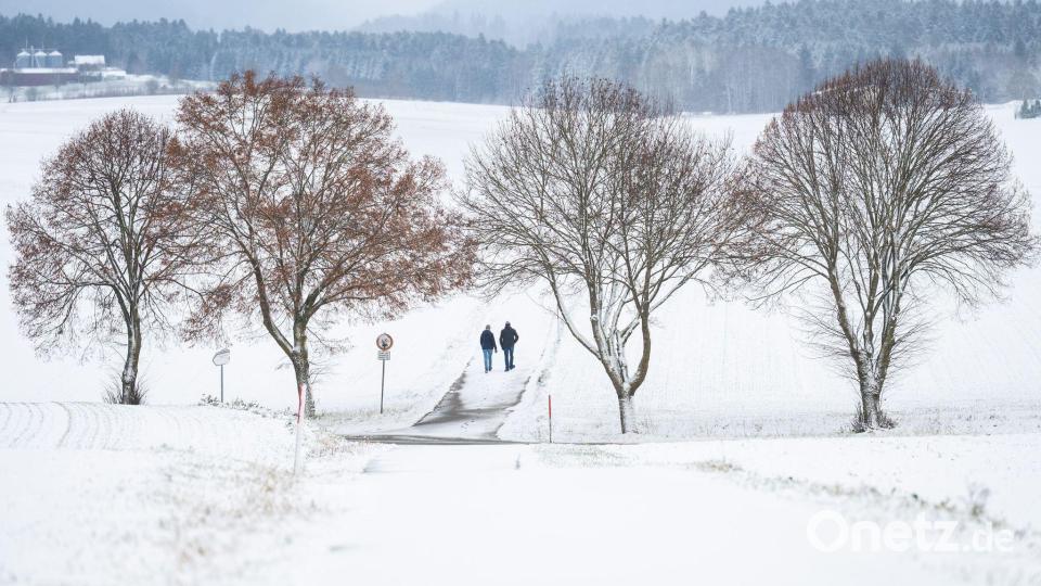 Winterwetter bei Bösingen: Fußgänger auf verschneitem Weg im Schwarzwald. Bild: Silas Stein/dpa