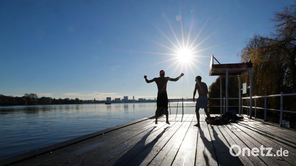Zwei junge Männer haben Spaß beim Eisbaden in Hamburg an der Alster. Bild: Christian Charisius/dpa