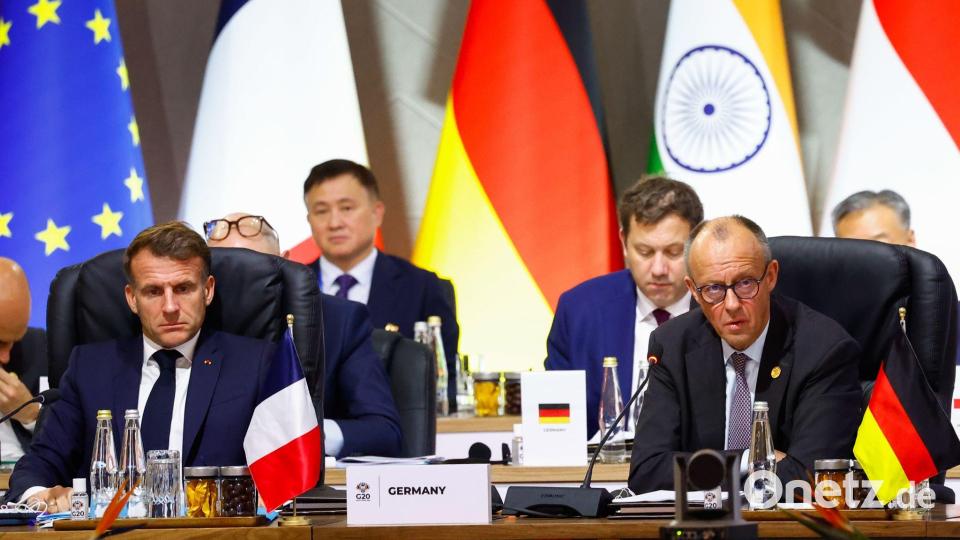 Keine erzwungene Kapitulation: Der französische Präsident Emmanuel Macron und Kanzler Friedrich Merz wollen versuchen, das Schlimmste zu verhindern. Bild: Thomas Mukoya/Pool Reuters/AP/dpa