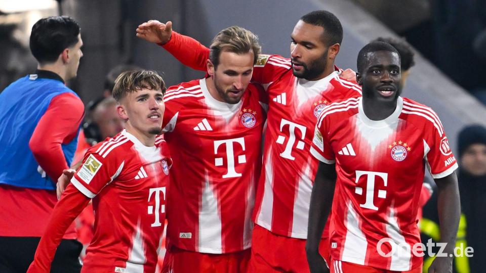 Sechsmal Münchner Torjubel nach dem 0:2-Fehlstart: Lennart Karl, Schütze Harry Kane, Jonathan Tah und Dayot Upamecano nach dem 4:2. Bild: Sven Hoppe/dpa