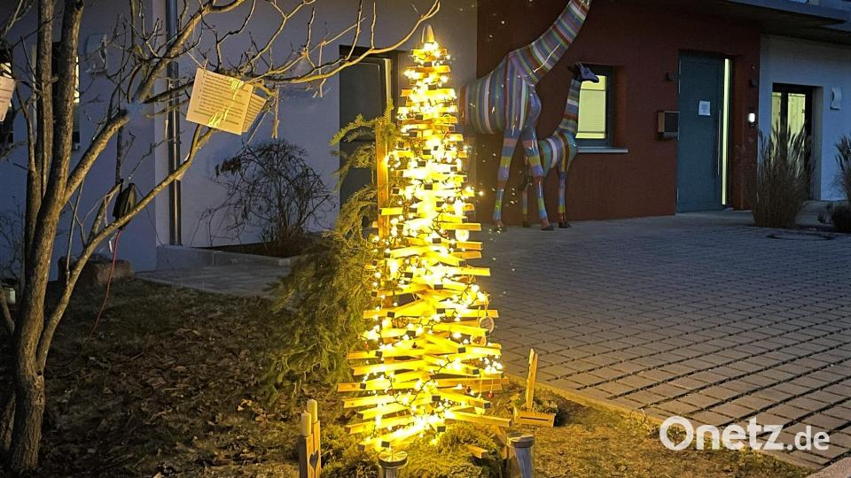 Der &quot;Baum der Freude&quot;, den der Förderverein &quot;Ninos Freunde&quot; vor dem Kinderhaus aufgestellt hat, um möglichst viele hilfreiche Menschen zu finden, um den schwerkranken Kindern und Jugendlichen ihre Herzenswünsche zu erfüllen. Bild: Susanne Schwab