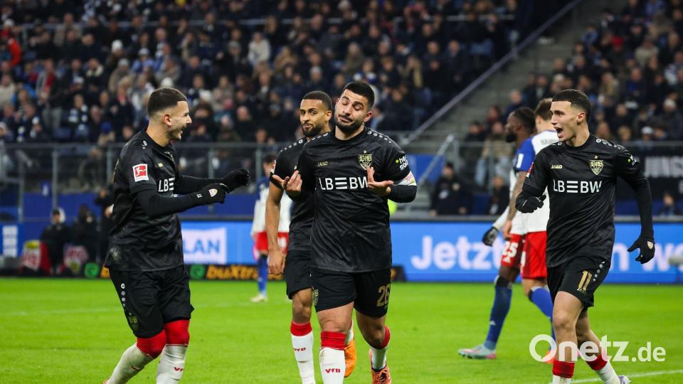 Stuttgarts Deniz Undav (M) wurde nach seinem Treffer zum 1:1 bejubelt. Bild: Christian Charisius/dpa