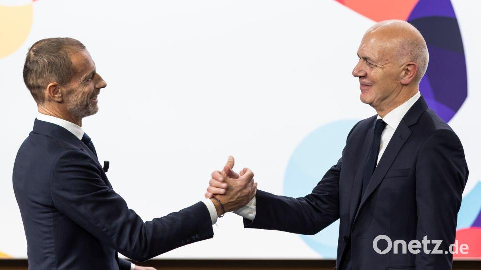 UEFA-Chef Ceferin gratuliert dem DFB-Präsidenten Neuendorf. Bild: Cyril Zingaro/KEYSTONE/dpa