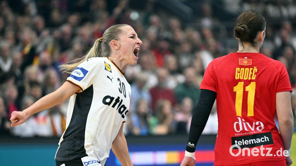 Rechtsaußen Jenny Behrend erzielt in der ersten Halbzeit vier Tore. Bild: Federico Gambarini/dpa