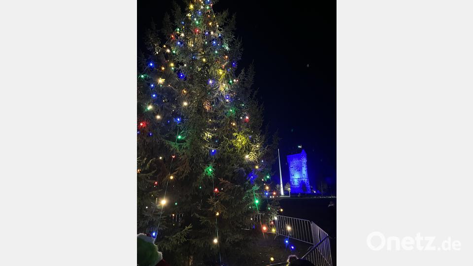 Als Symbol der Deutsch Amerikanischen Partnerschaft und Einheit wurde auch der Wasserturm bei der Tree-Lighting Ceremony beleuchtet. Bild: mor