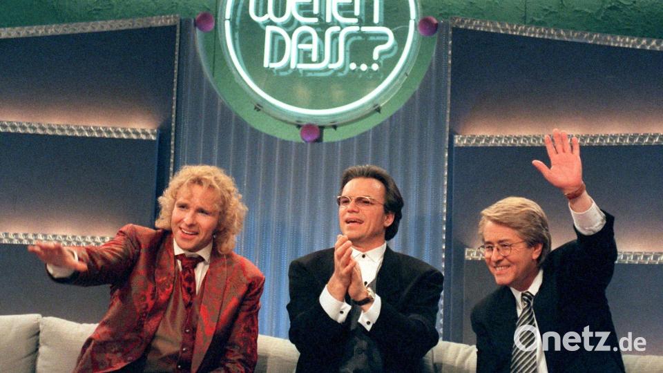 Gottschalk, Wolfgang Lippert und Frank Elstner bei der 100. „Wetten, dass...?“-Sendung. Bild: Hartmut Reeh/dpa