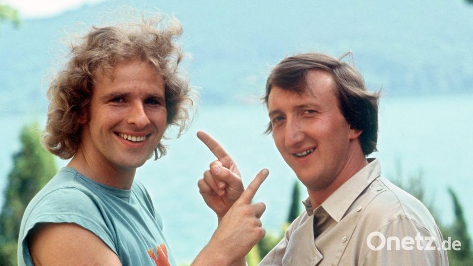 Gottschalk und Mike Krüger während der Dreharbeiten zum Kinofilm „Die Supernasen“. Bild: Istvan Bajzat/dpa