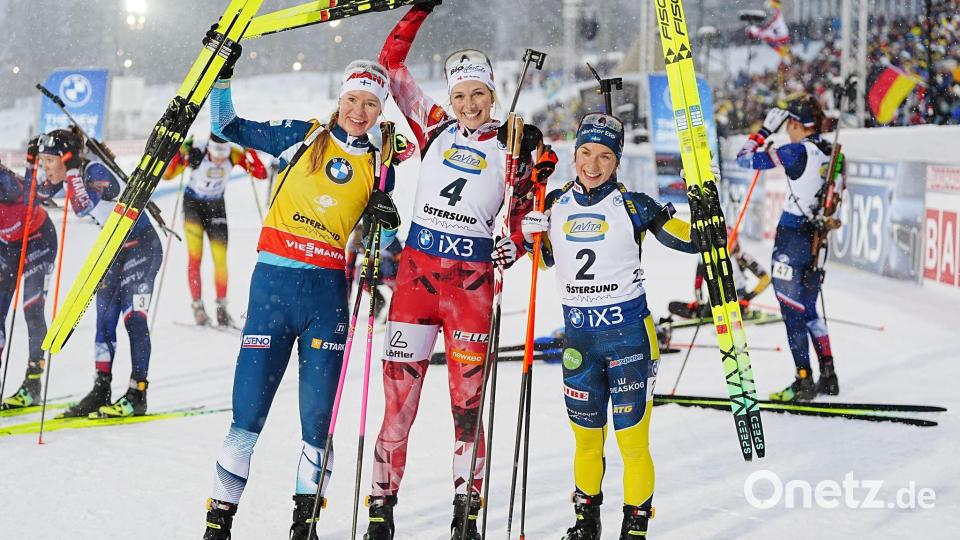 Die besten Drei der Verfolgung von Östersund. Bild: Björn Larsson Rosvall/TT News Agency/AP/dpa